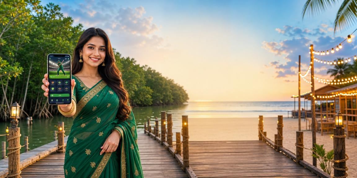 কক্সবাজারে শাড়ি পরিহিতা তরুণী মোবাইলে 129 লগইন করছেন