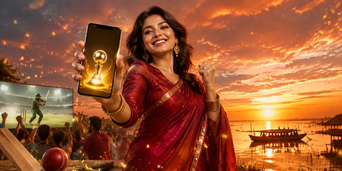 টাঙ্গুয়ার হাওরের পাশে শাড়ি পরিহিতা তরুণী মোবাইলে ক্রিকেট বেটিং উপভোগ করছেন